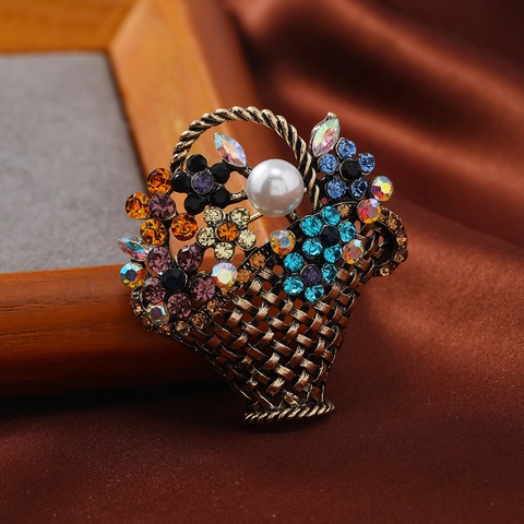 Spilla Cesto Di Fiori Vintage Strass Cristallo Perla Artificial Simulata Lega Stile Francese Spilla Floreale Gioielli Per Donne