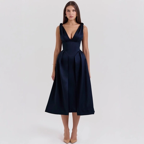Satin Midi Dress Deep V Neck Sleeveless High Waist Pleated A-Line Party Evening Formal Elegant For Women