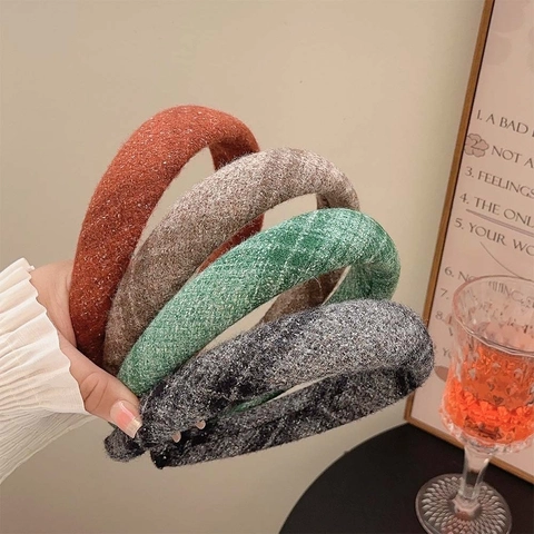 Solid Color Thickened Padded Headband Wide Woolen Fabric Textured Hair Band For Women Handmade Retro Style