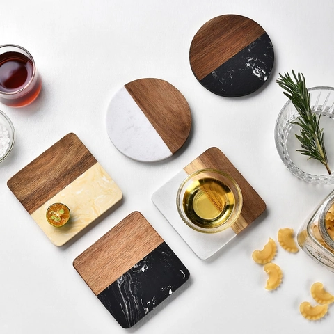 Marble And Wood Coasters Splicing Natural Acacia Wood Heat Insulated Mats For Coffee Tea Drinks Square Round Modern