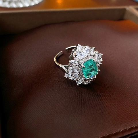 Anillo Abierto Ajustable Cobre Circón Talla Esmeralda Piedra Verde Oso Perla Artificial Geométrico Joyería Lujo Moda Mujeres