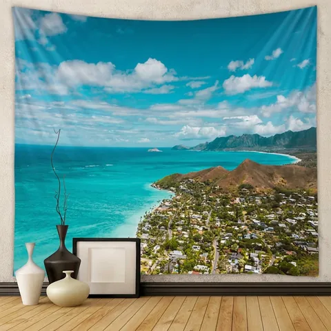 Küstenlandschaft Wandteppich Polyester Meeresstadt Ansicht Hintergrundtuch Für Schlafzimmer Wohnzimmer Dekoration