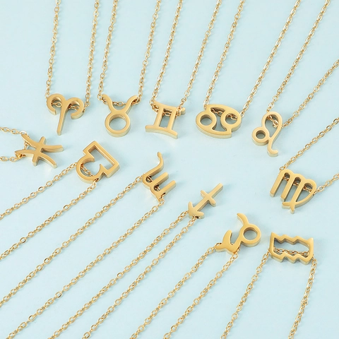 Zodiac Sign Necklace 18K Gold Plated 304 Stainless Steel Horoscope Symbol Pendant Dainty Clavicle Chain Jewelry For Women