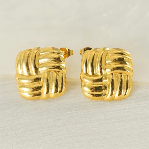 Square Stud Earrings 18K Gold Plated Stainless Steel Woven Texture Geometric Braided Design Vintage Elegant For Women