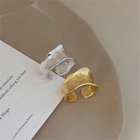 925 Sterling Silver Ring Irregular Hammered Texture Wave Edge Adjustable Open Finger Jewelry For Women Minimalist