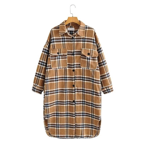 Damen Lang Karo Hemdjacke Wollmischung Lockere Passform Langarm Brusttaschen Lässiger Hemdmantel Oberbekleidung