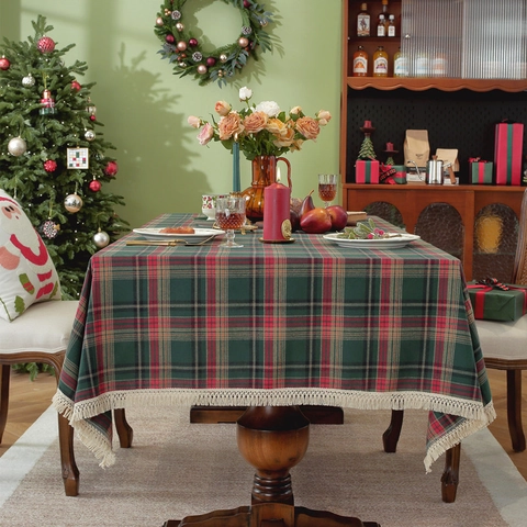 Karierte Weihnachts Tischdecke Polyester Baumwolle Quasten Rechteckig Feiertag Esszimmer Deko