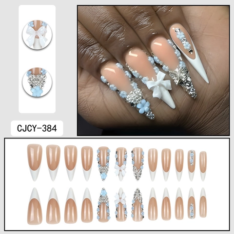 Stiletto Kunstnägel Lang French Tip Mit 3D Blaue Blume Weiße Schleife Und Strass Luxus Süßer Stil Für Damen