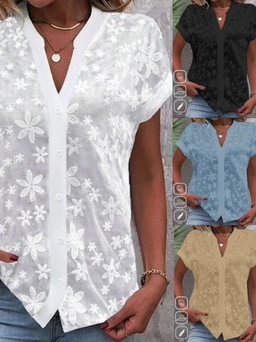 Women's Short Sleeve V Neck Blouse Cotton Lace Floral Embroidery Button Down Casual Elegant Solid Color Shirt