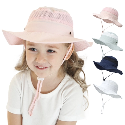 Childrens Sun Hat Breathable Mesh Wide Brim Adjustable Windproof Rope Outdoor Summer Fisherman Hat Boys Girls