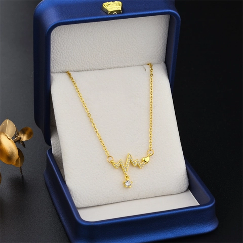 Collar de Acero Inoxidable con Colgante de Latido de Corazón EKG con Diamantes de Imitación Chapado en Oro Joyería para Mujer