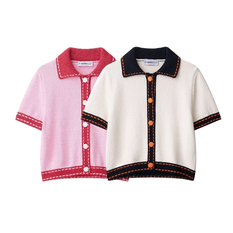 Top Polo In Maglia Da Donna Finiture A Contrasto Cardigan A Maniche Corte Maglione Stile Vintage