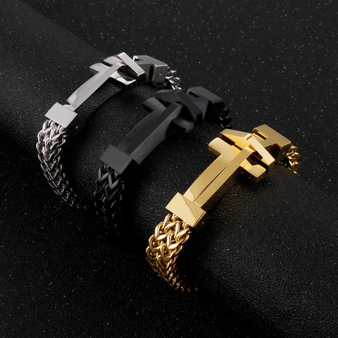 Pulsera De Cadena Para Hombre Acero Inoxidable 316L Dije De Cruz Tejida Estilo Punk Hip Hop Joyería De Acero Titanio