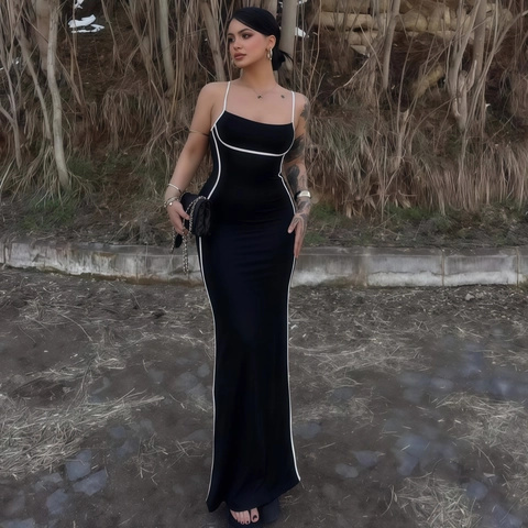 Vestito Lungo Bodycon Da Donna Bordatura A Contrasto Spalline Sottili Senza Maniche Poliestere Elastan Estate