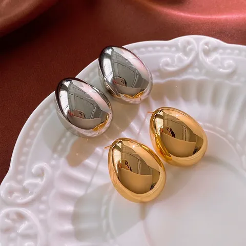 Minimalist Egg Shaped Mirror Polish Alloy Stud Earrings With 925 Sterling Silver Earring Post Real Gold Plated