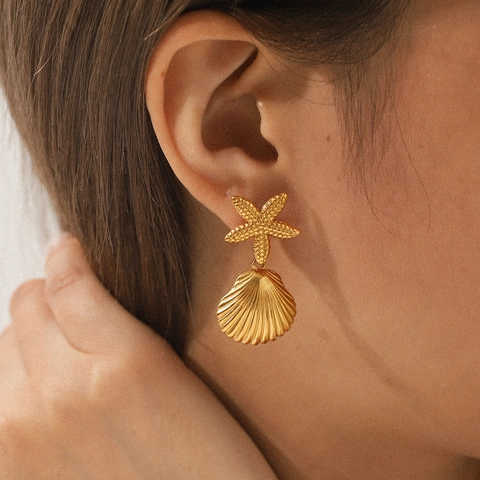 Zeester Schelp Hangende Oorbellen Roestvrij Staal Verguld Oceaan Strand Stijl Mode Sieraden Vrouwen