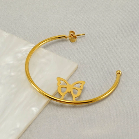Butterfly Hoop Earrings 18K Gold Plated Stainless Steel Hollow Butterfly Geometric Round Minimalist For Women