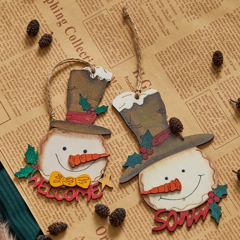 Christmas Wooden Snowman Hanging Ornaments Hand Painted Multi-Layer Welcome Snow Sign Festive Tree Decor