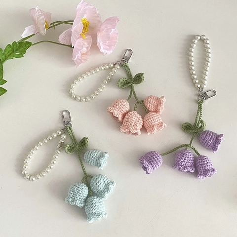 Häkeln Maiglöckchen Schlüsselanhänger Handgemachte Garn Blume Tasche Anhänger Mit Kunstperlen Gurt Süße Florale Deko
