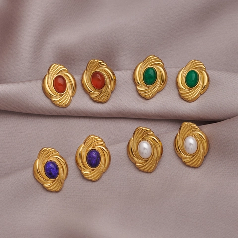 Vintage Stainless Steel Shell Vortex Stud Earrings For Women Artificial Pearl Rhinestone Inlaid Geometric Retro Jewelry