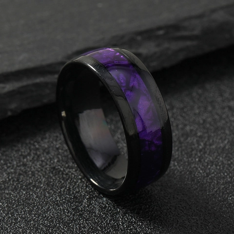 Anello In Acciaio Inossidabile Uomo Motivo Conchiglia Viola Intarsio Fascia Nera Lucida Gioielli Minimalisti Unisex