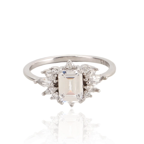 Emerald Cut Zircon Ring 925 Sterling Silver Marquise Accent Wedding Engagement Jewelry For Women Elegant Platinum Plated