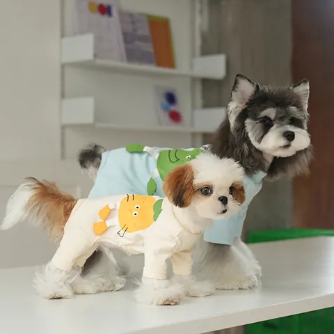 Pet Dog Four-Legged Pajamas Cartoon Fruit Print Jumpsuit Soft Knitted Cotton Puppy Bodysuit Sleepwear Small Dog Clothes