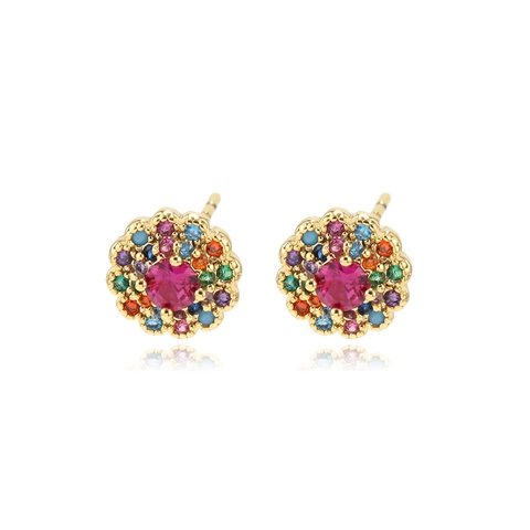 Vintage Colorful Zirconia Flower Stud Earrings For Women Copper Gold Plated Heart Multi Color Rhinestone Geometric Earrings Jewelry Gift