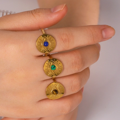 Anillo Aperto Occhio Del Diavolo In Acciaio Inossidabile Placcato Oro 18K Sole Con Pietra Naturale Da Donna