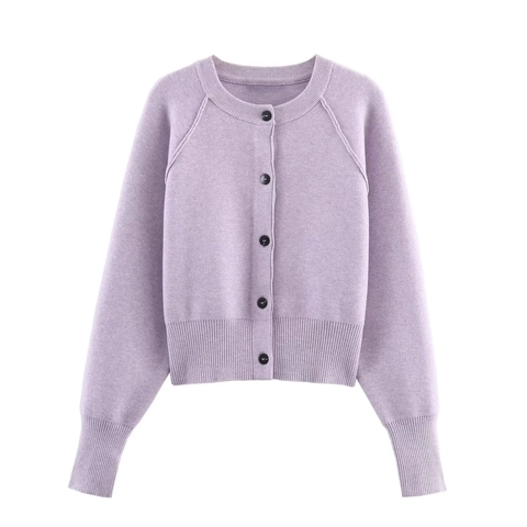Women Knitted Cardigan Sweater Button Down Crew Neck Raglan Long Sleeve Ribbed Solid Color Sweet Casual Top