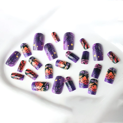 Purple Halloween Press On Nails Long Square Gradient Pumpkin Pattern ABS Plastic False Nails Manicure For Women Festive