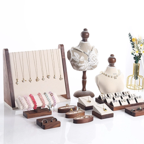 Walnut Wood Jewelry Display Stand Necklace Bust Earring Holder Ring Tray Bracelet Rack Organizer Microfiber Props