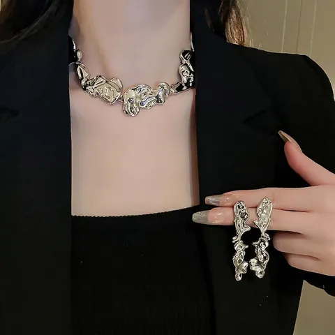 Collier Et Boucles D'Oreilles En Lave Fondue Irrégulière Bijoux Alliage Style Métal Liquide Avec Tige En Argent Pour Femmes