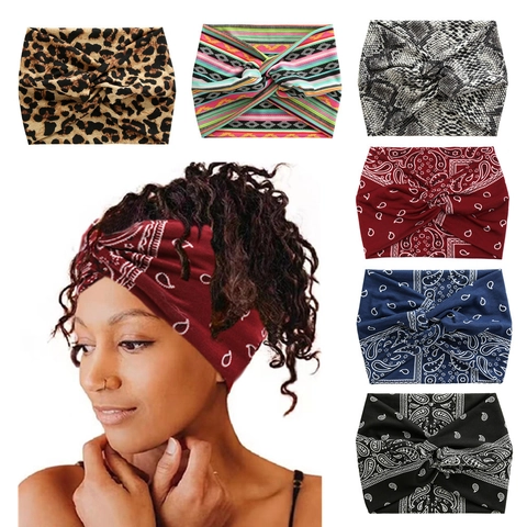 Boho Wide Headbands Elastic Knotted Hair Bands Yoga Sports Workout Turban Floral Paisley Printed Women Accessories