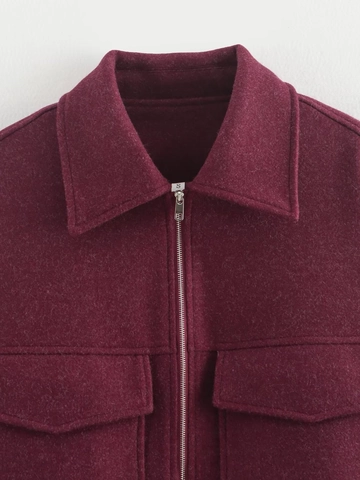 Damen Weinrot Jacke in Wolloptik Mit Reißverschluss Reverskragen Große Taschen Streetwear Mode Lässiger Kurzer Mantel