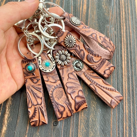 Porte-clés En Cuir Véritable Vintage Occidental Avec Turquoise Gaufré Peau De Vache Tournesol Fer À Cheval Charme Métallique Mousqueton