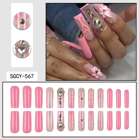 Extra Lange Coffin Press On Nails Roze Hart Strass 3D Bloem Mat Glitter Kunstnagels Luxe Zoet