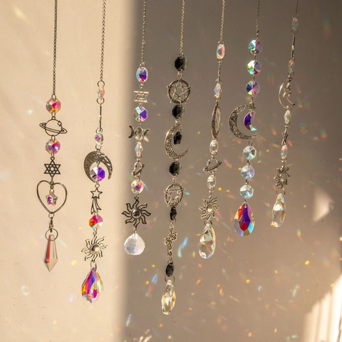 Celestial Suncatcher Crystal Prism Rainbow Maker Silver Metal Star Moon Sun Hanging Ornament Window Home Garden Decoration