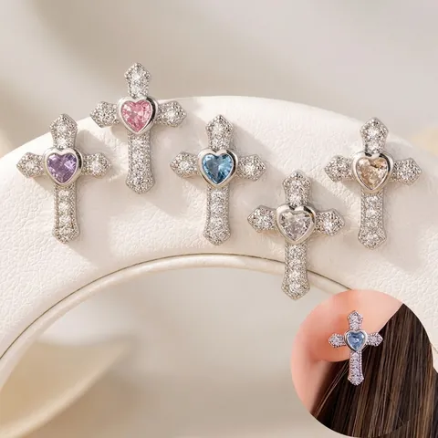 Cross Heart Stud Earrings Titanium Steel Cubic Zirconia Screw Back Piercing Jewelry For Women Fairy Sweet Style