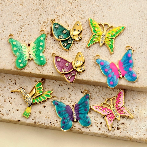 Butterfly Bee Hummingbird Charms Stainless Steel Enamel Rhinestone DIY Jewelry Making French Vintage Pendant Women