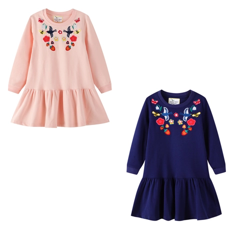 Girls Long Sleeve Cotton Dress Floral Bird Embroidery Ruffle Hem Round Neck Sweet Princess Dresses For Kids Spring Autumn