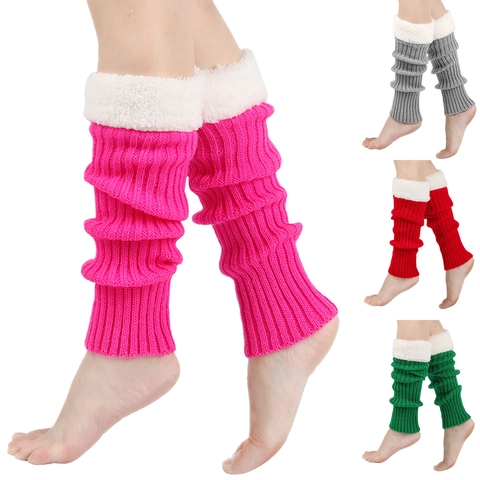 Women Knitted Leg Warmers With Faux Fur Trim Warm Slouch Socks Solid Color Crochet Foot Covers Christmas New Year Gift
