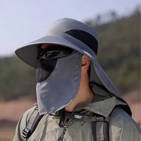 Outdoor Sun Protection Bucket Hat Polyester Wide Brim With Detachable Face Mask And Neck Flap For Fishing Hiking Men