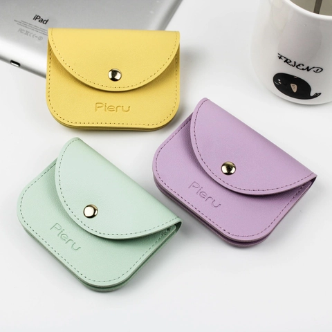Mini Card Holder PU Leather Coin Purse Macaron Candy Color Flap Snap Button Multi Slots Small Wallet For Women Students