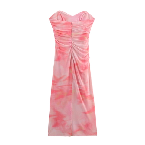 Pink Floral Print Mesh Tube Dress Ruched Bodycon Strapless Midi For Women Sweet Style