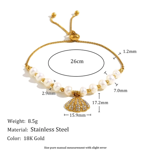 Pulsera Con Colgante De Perla Artificial Y Concha Para Mujer Acero Inoxidable Chapado En Oro De 18K Ajustable Cierre Deslizante Elegante Estilo Oceano