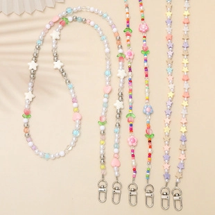 Chaîne de Téléphone Bandoulière en Perles Acryliques Colorées Cœur Étoile Fleur Lanière Anti-Perte Sangle de Sac pour Femme