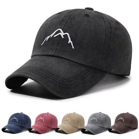 Vintage Washed Cotton Baseball Cap With Mountain Embroidery Adjustable Outdoor Casual Sun Hat For Men And Women
