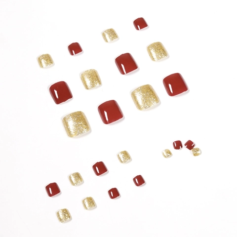 Feet Press On Nails Tiefrot Glänzend Und Gold Glitzer Quadratische Künstliche Fußnägel Für Frauen Sommer Pediküre