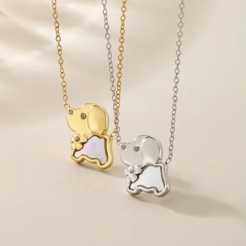 Stainless Steel Animal Pendant Necklace With Mother Of Artificial Pearl Shell And Rhinestones Cute Dog Elephant Jewelry For Women